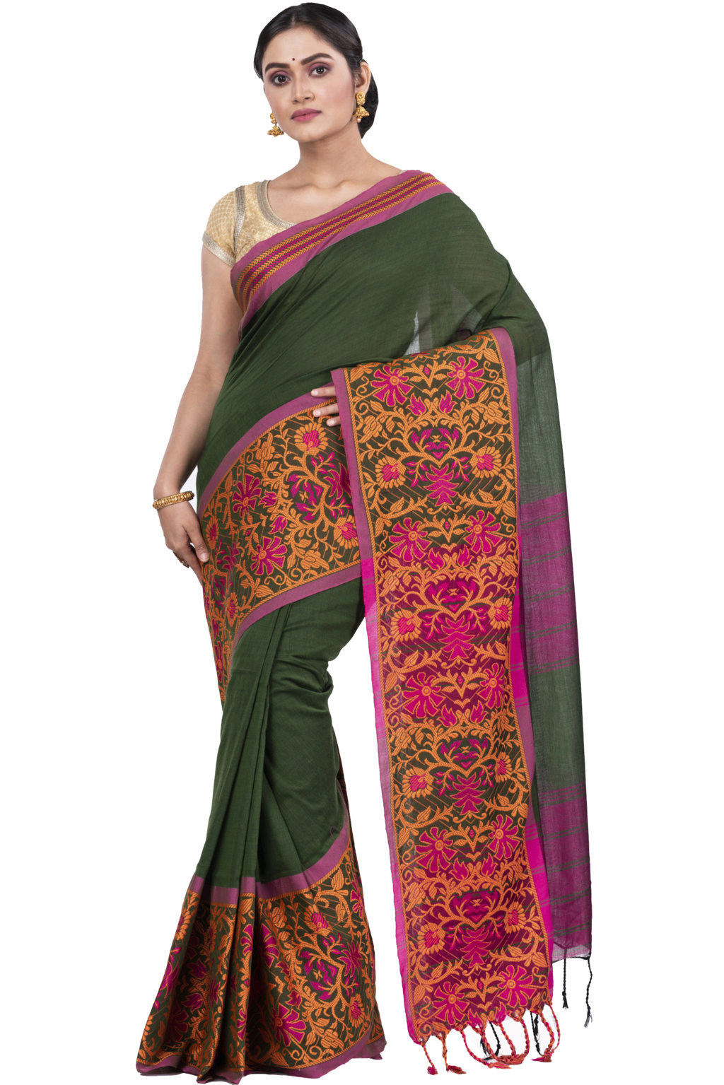 Dark Green Pure Cotton Begompuri_Hand Hand Loom Saree (672)